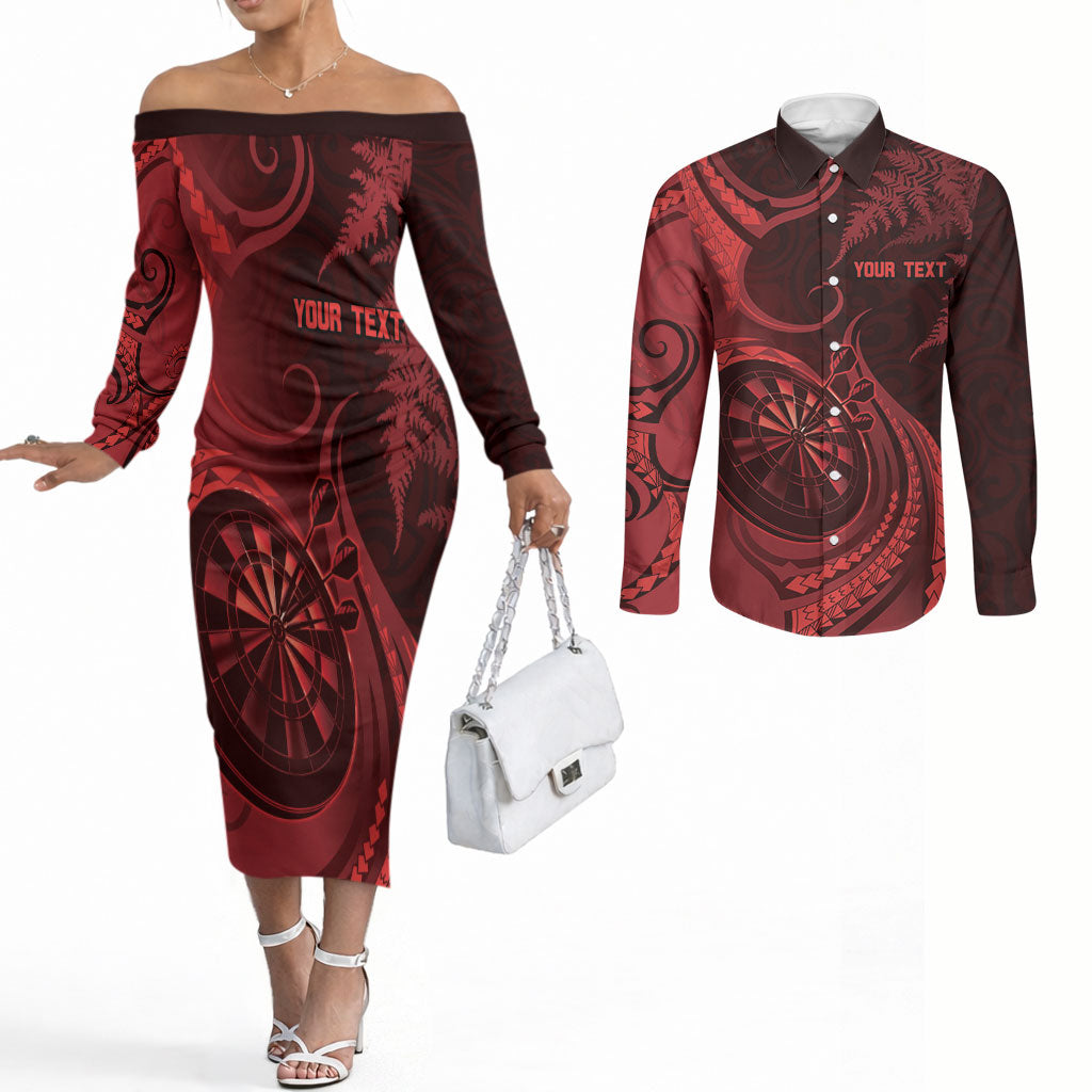 Personalised New Zealand Red Darts Couples Matching Off The Shoulder Long Sleeve Dress and Long Sleeve Button Shirt Maori Fern Curve Style