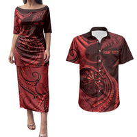 Personalised New Zealand Red Darts Couples Matching Puletasi and Hawaiian Shirt Maori Fern Curve Style