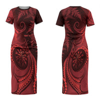 Personalised New Zealand Red Darts Couples Matching Short Sleeve Bodycon Dress and Hawaiian Shirt Maori Fern Curve Style