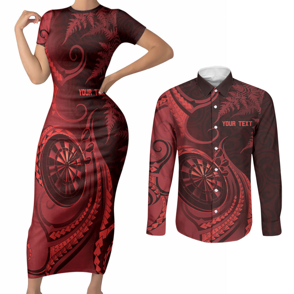 Personalised New Zealand Red Darts Couples Matching Short Sleeve Bodycon Dress and Long Sleeve Button Shirt Maori Fern Curve Style