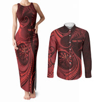 Personalised New Zealand Red Darts Couples Matching Tank Maxi Dress and Long Sleeve Button Shirt Maori Fern Curve Style
