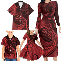 Personalised New Zealand Red Darts Family Matching Long Sleeve Bodycon Dress and Hawaiian Shirt Maori Fern Curve Style