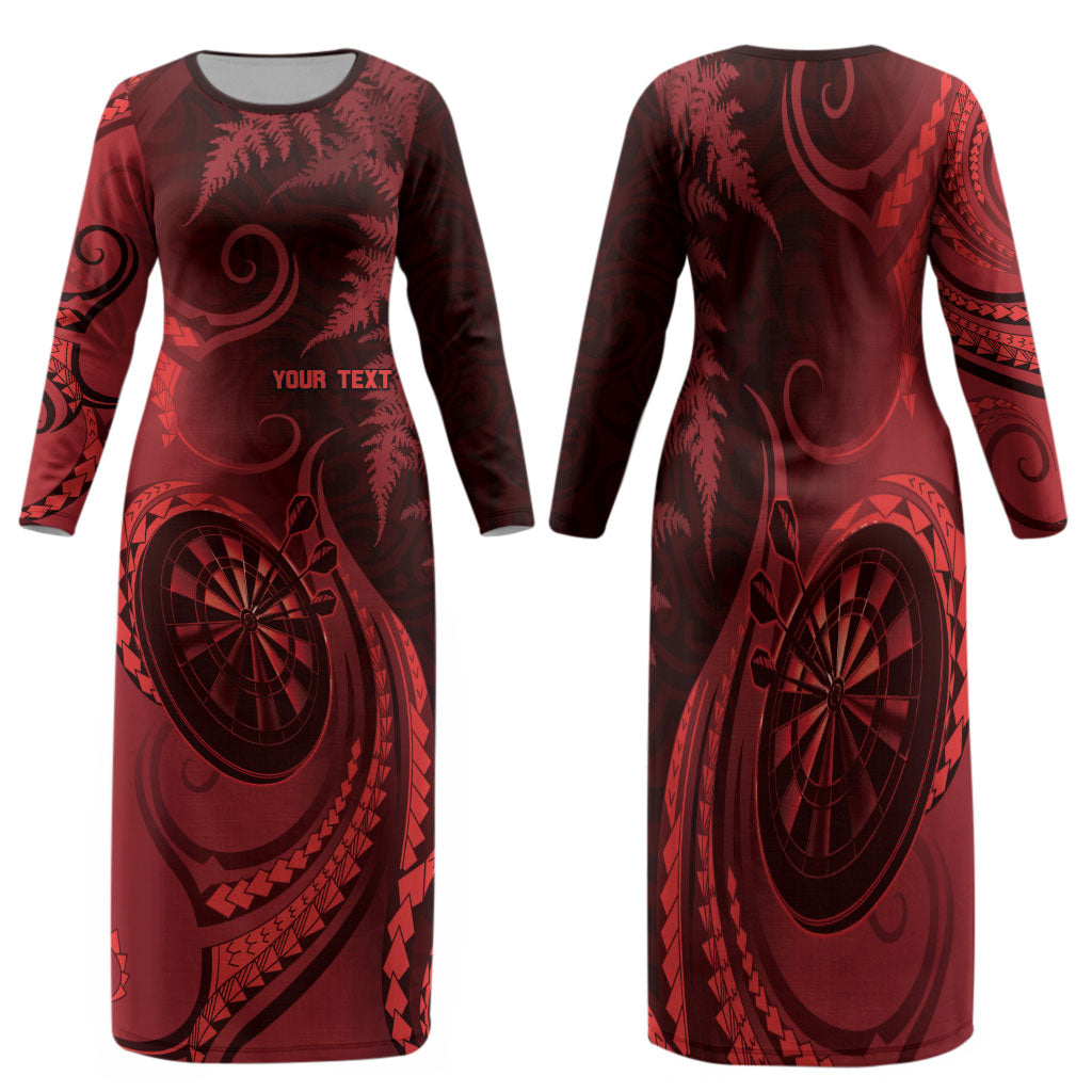 Personalised New Zealand Red Darts Family Matching Long Sleeve Bodycon Dress and Hawaiian Shirt Maori Fern Curve Style