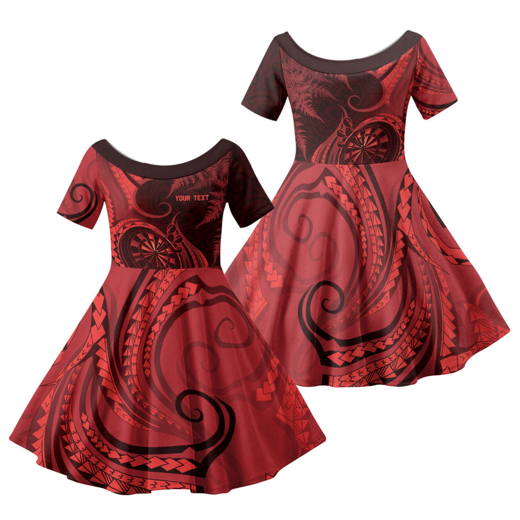 Personalised New Zealand Red Darts Family Matching Off The Shoulder Long Sleeve Dress and Hawaiian Shirt Maori Fern Curve Style