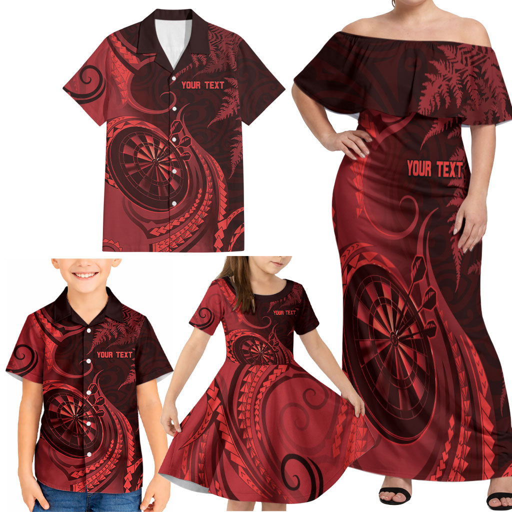 Personalised New Zealand Red Darts Family Matching Off Shoulder Maxi Dress and Hawaiian Shirt Maori Fern Curve Style