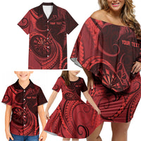 Personalised New Zealand Red Darts Family Matching Off Shoulder Short Dress and Hawaiian Shirt Maori Fern Curve Style