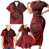 Personalised New Zealand Red Darts Family Matching Short Sleeve Bodycon Dress and Hawaiian Shirt Maori Fern Curve Style