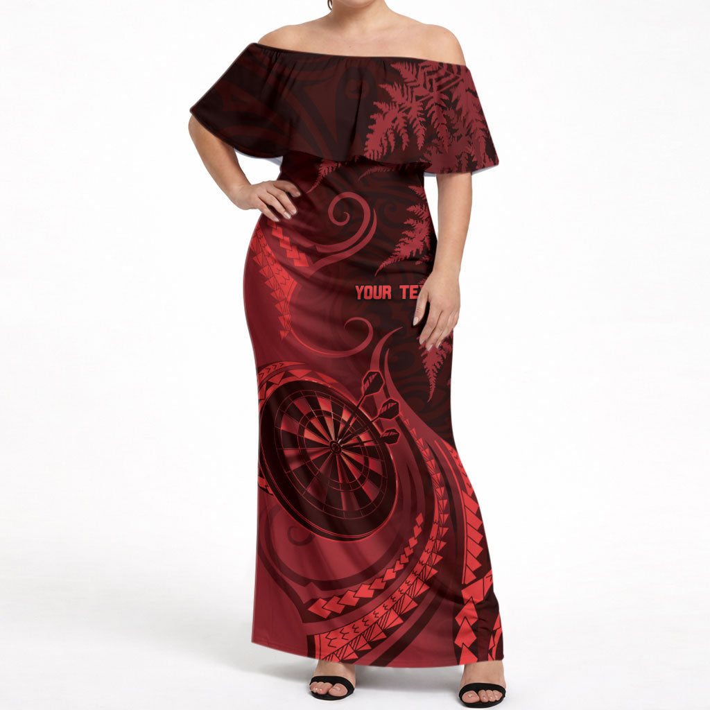 Personalised New Zealand Red Darts Off Shoulder Maxi Dress Maori Fern Curve Style