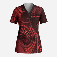 Personalised New Zealand Red Darts Scrub Top Maori Fern Curve Style