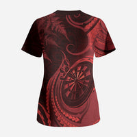 Personalised New Zealand Red Darts Scrub Top Maori Fern Curve Style