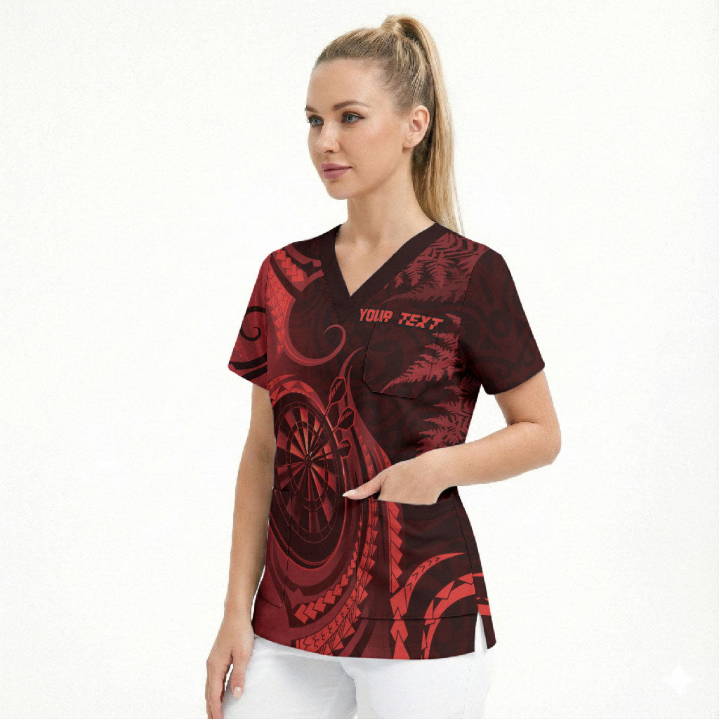 Personalised New Zealand Red Darts Scrub Top Maori Fern Curve Style