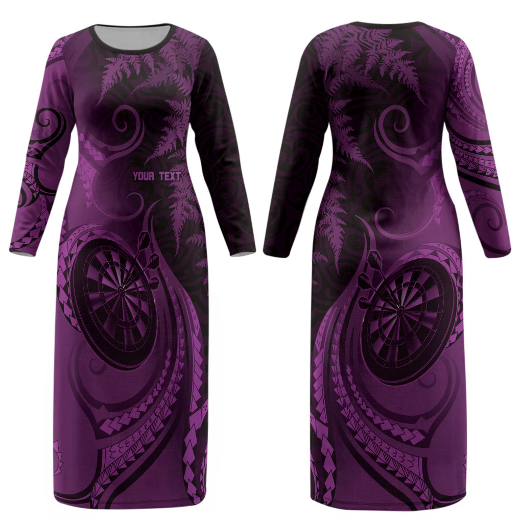 Personalised New Zealand Purple Darts Couples Matching Long Sleeve Bodycon Dress and Hawaiian Shirt Maori Fern Curve Style