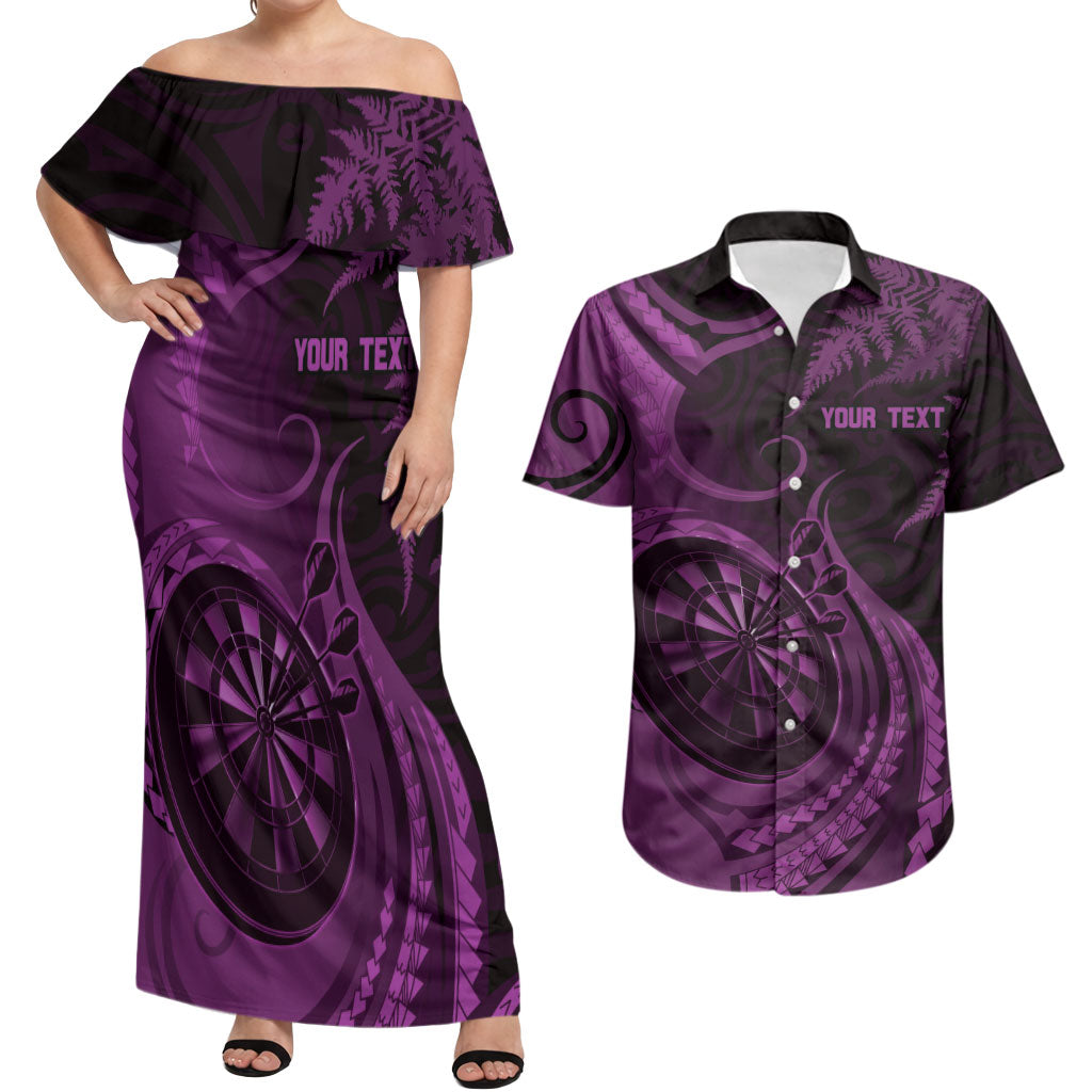 Personalised New Zealand Purple Darts Couples Matching Off Shoulder Maxi Dress and Hawaiian Shirt Maori Fern Curve Style