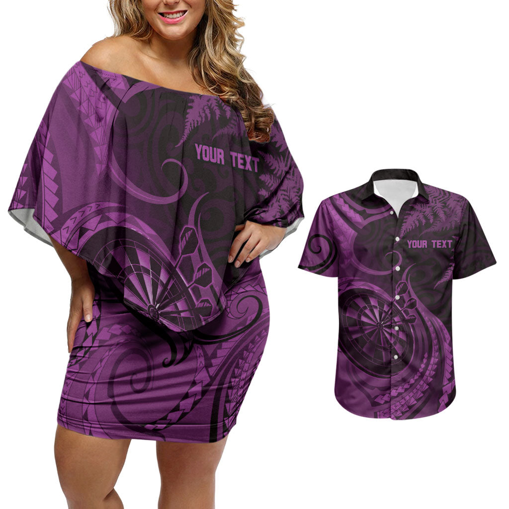 Personalised New Zealand Purple Darts Couples Matching Off Shoulder Short Dress and Hawaiian Shirt Maori Fern Curve Style