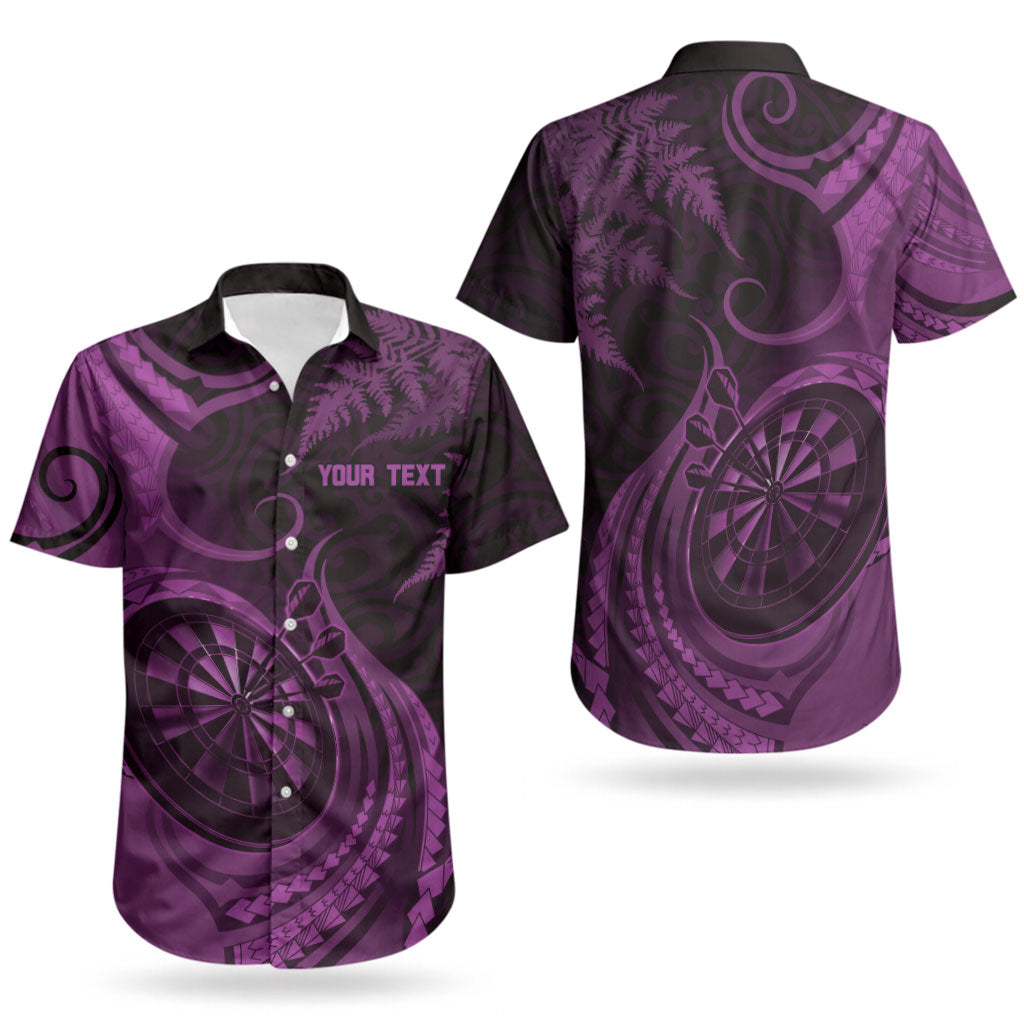 Personalised New Zealand Purple Darts Couples Matching Off Shoulder Short Dress and Hawaiian Shirt Maori Fern Curve Style