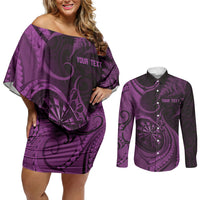 Personalised New Zealand Purple Darts Couples Matching Off Shoulder Short Dress and Long Sleeve Button Shirt Maori Fern Curve Style