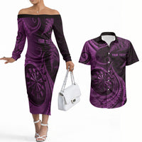 Personalised New Zealand Purple Darts Couples Matching Off The Shoulder Long Sleeve Dress and Hawaiian Shirt Maori Fern Curve Style