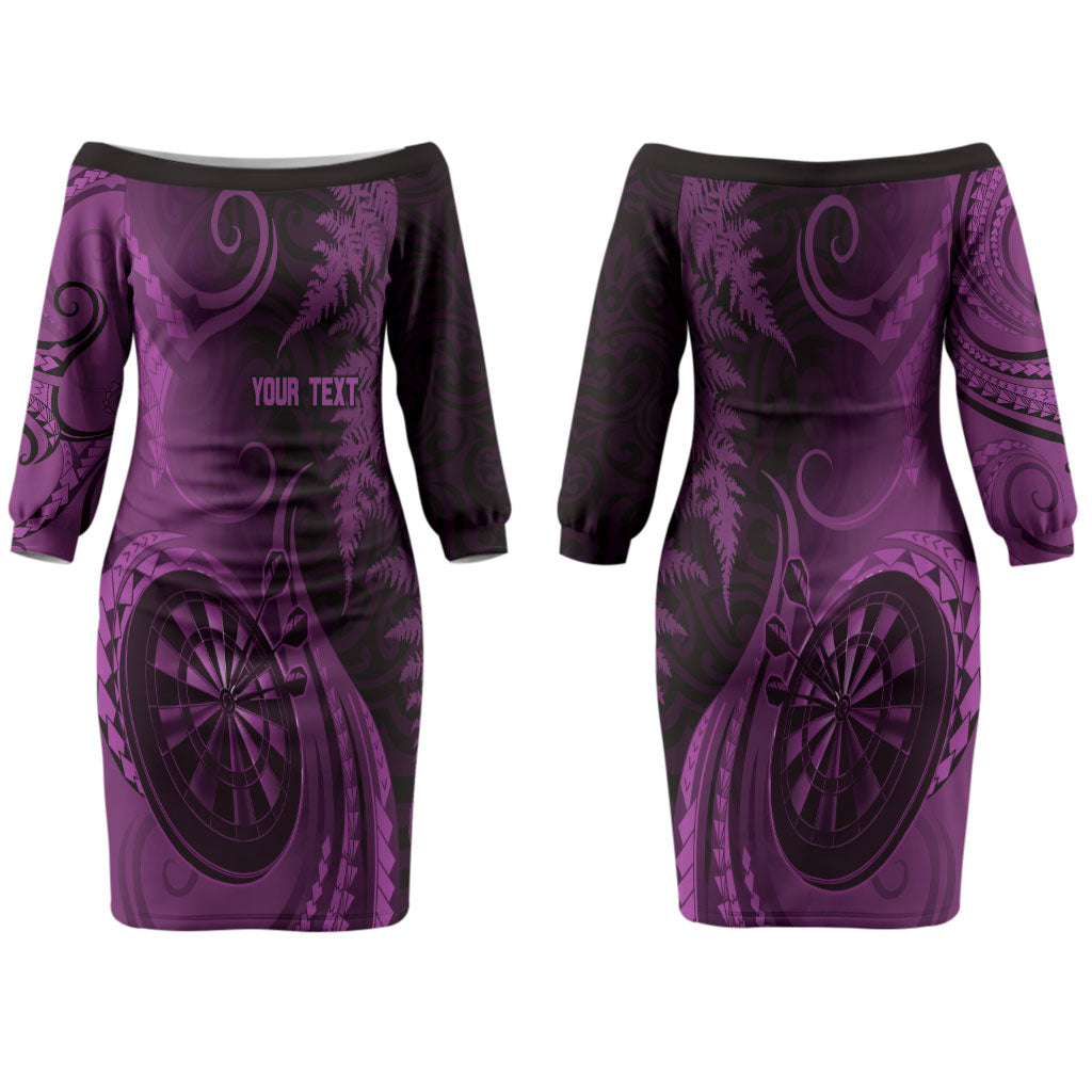 Personalised New Zealand Purple Darts Couples Matching Off The Shoulder Long Sleeve Dress and Hawaiian Shirt Maori Fern Curve Style