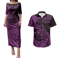 Personalised New Zealand Purple Darts Couples Matching Puletasi and Hawaiian Shirt Maori Fern Curve Style