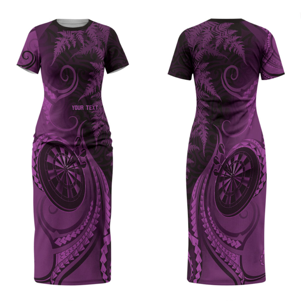 Personalised New Zealand Purple Darts Couples Matching Short Sleeve Bodycon Dress and Hawaiian Shirt Maori Fern Curve Style