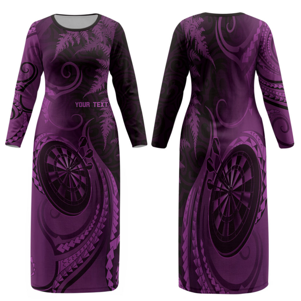 Personalised New Zealand Purple Darts Family Matching Long Sleeve Bodycon Dress and Hawaiian Shirt Maori Fern Curve Style