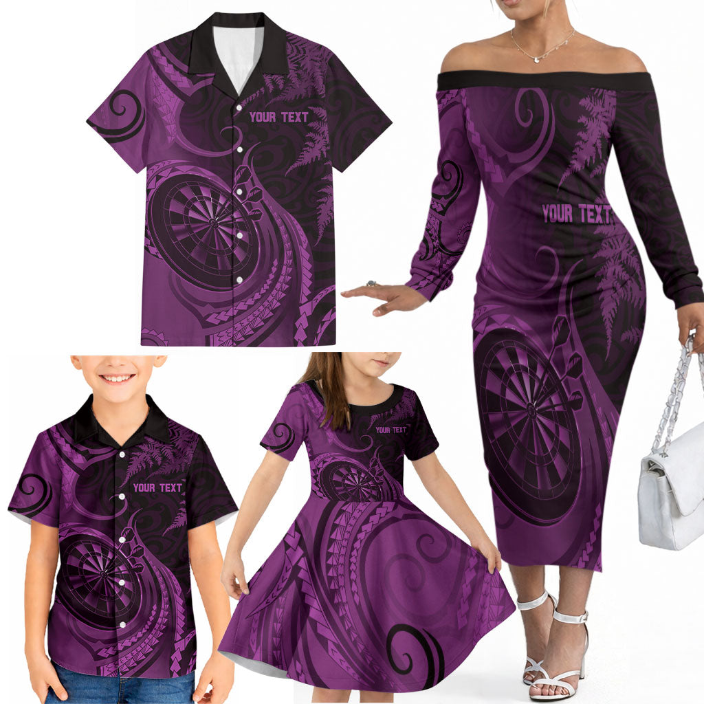 Personalised New Zealand Purple Darts Family Matching Off The Shoulder Long Sleeve Dress and Hawaiian Shirt Maori Fern Curve Style