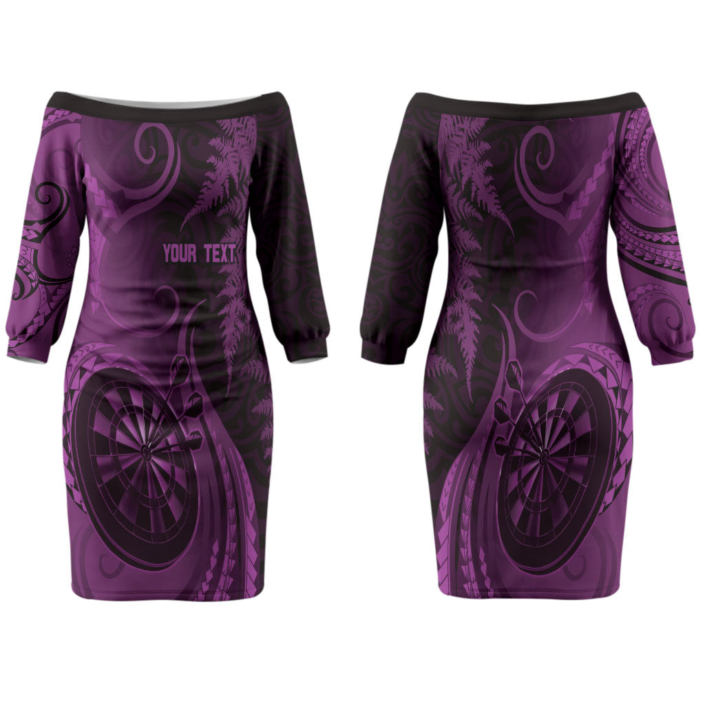 Personalised New Zealand Purple Darts Family Matching Off The Shoulder Long Sleeve Dress and Hawaiian Shirt Maori Fern Curve Style