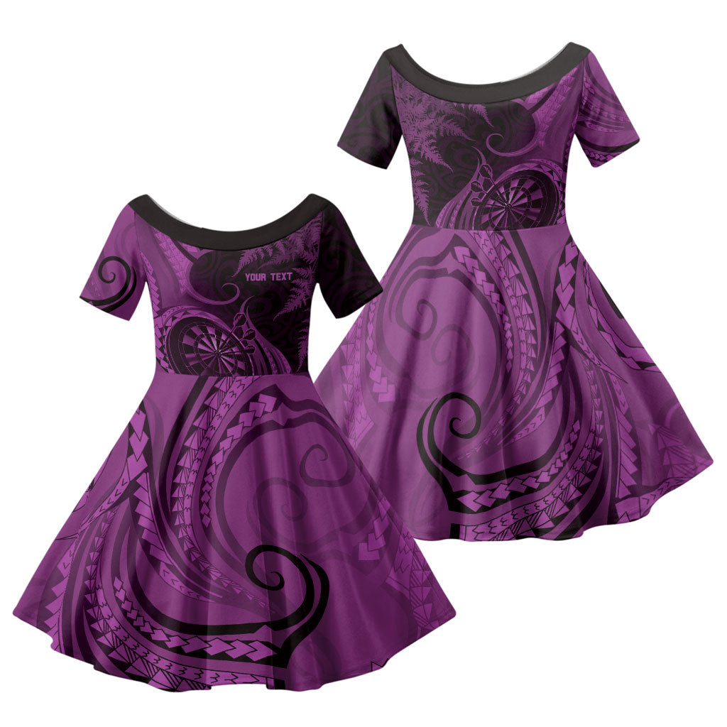 Personalised New Zealand Purple Darts Family Matching Off The Shoulder Long Sleeve Dress and Hawaiian Shirt Maori Fern Curve Style