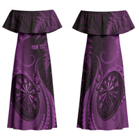 Personalised New Zealand Purple Darts Family Matching Off Shoulder Maxi Dress and Hawaiian Shirt Maori Fern Curve Style