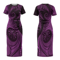 Personalised New Zealand Purple Darts Family Matching Short Sleeve Bodycon Dress and Hawaiian Shirt Maori Fern Curve Style