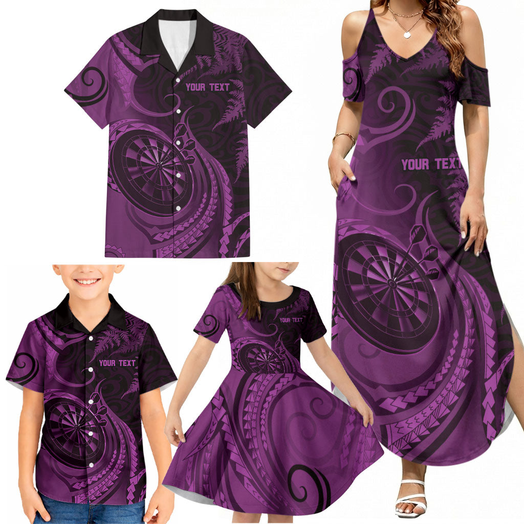 Personalised New Zealand Purple Darts Family Matching Summer Maxi Dress and Hawaiian Shirt Maori Fern Curve Style