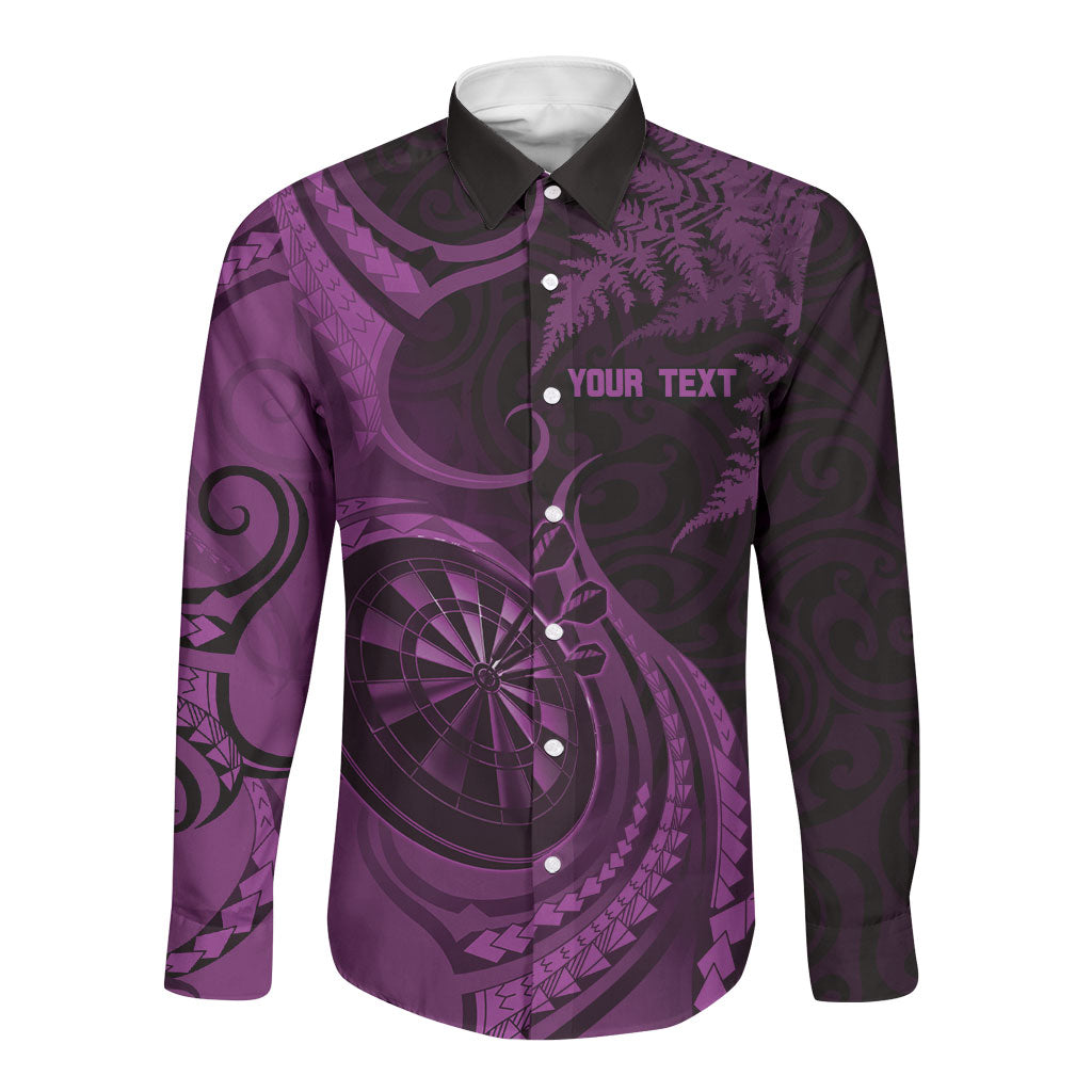 Personalised New Zealand Purple Darts Long Sleeve Button Shirt Maori Fern Curve Style