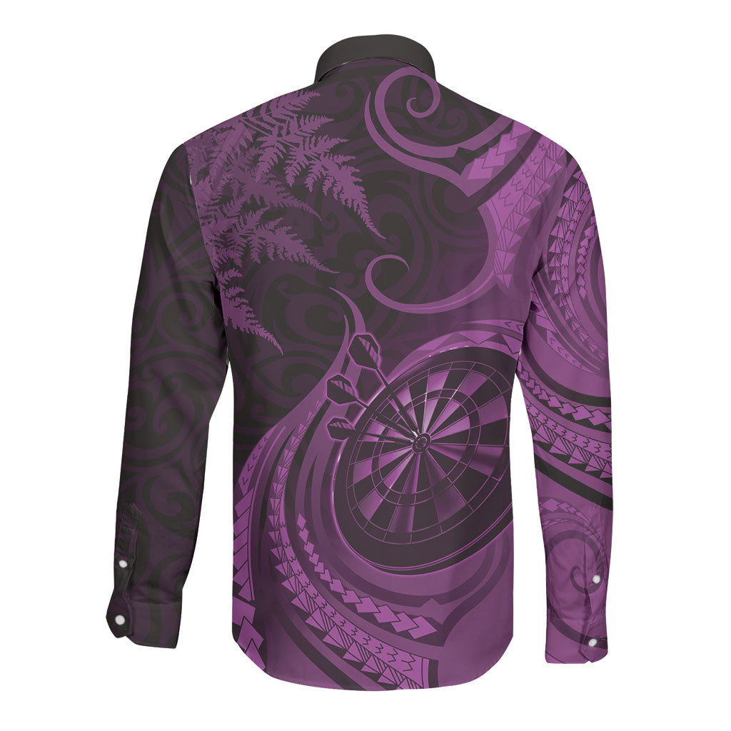 Personalised New Zealand Purple Darts Long Sleeve Button Shirt Maori Fern Curve Style