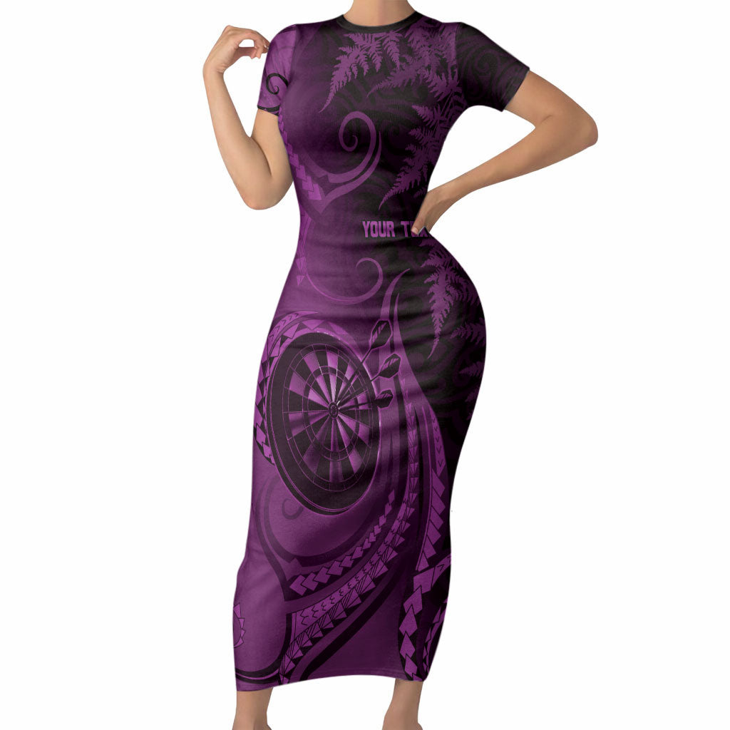 Personalised New Zealand Purple Darts Short Sleeve Bodycon Dress Maori Fern Curve Style
