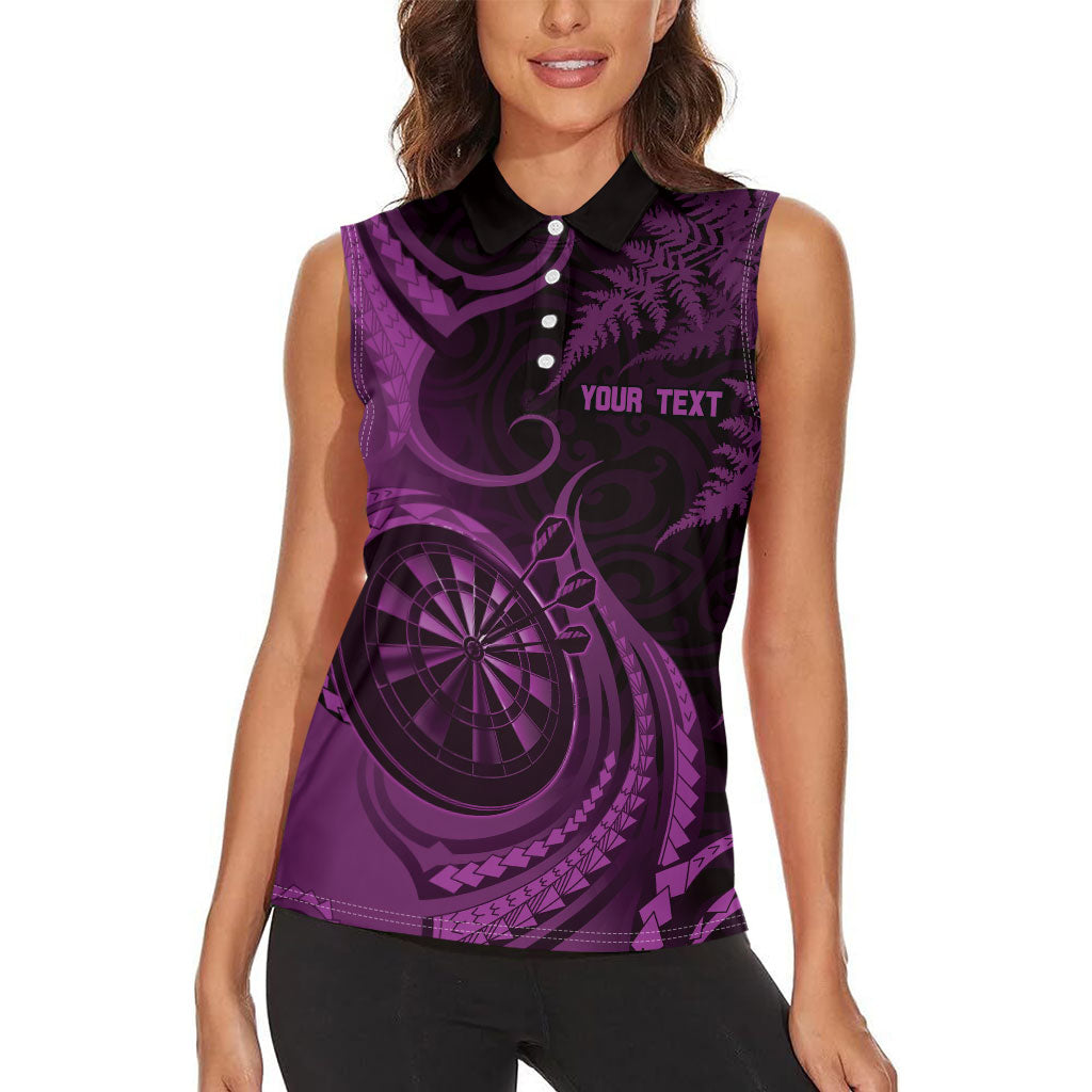 Personalised New Zealand Purple Darts Women Sleeveless Polo Shirt Maori Fern Curve Style