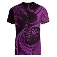 Personalised New Zealand Purple Darts Women V-Neck T-Shirt Maori Fern Curve Style