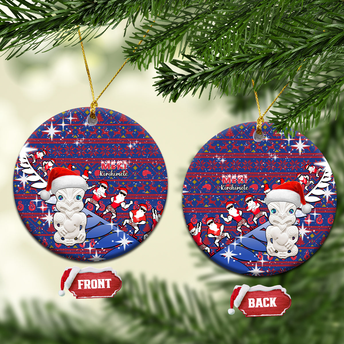 New Zealand Christmas Ceramic Ornament Haka Fern Santa Tiki Meri Kirihimete LT05 Circle Blue - Polynesian Pride