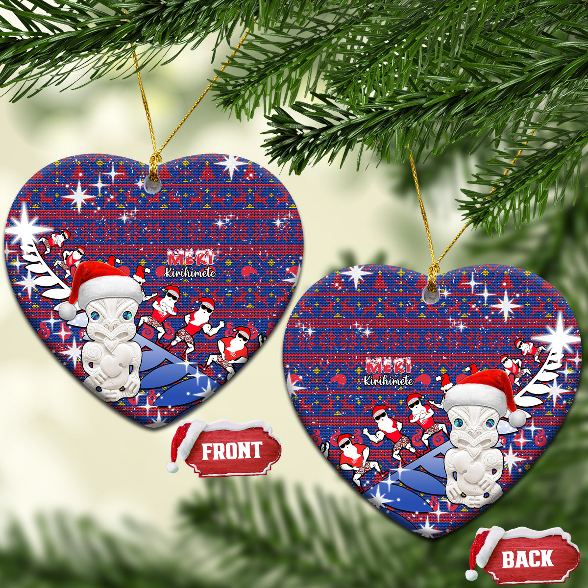 New Zealand Christmas Ceramic Ornament Haka Fern Santa Tiki Meri Kirihimete LT05 Heart Blue - Polynesian Pride