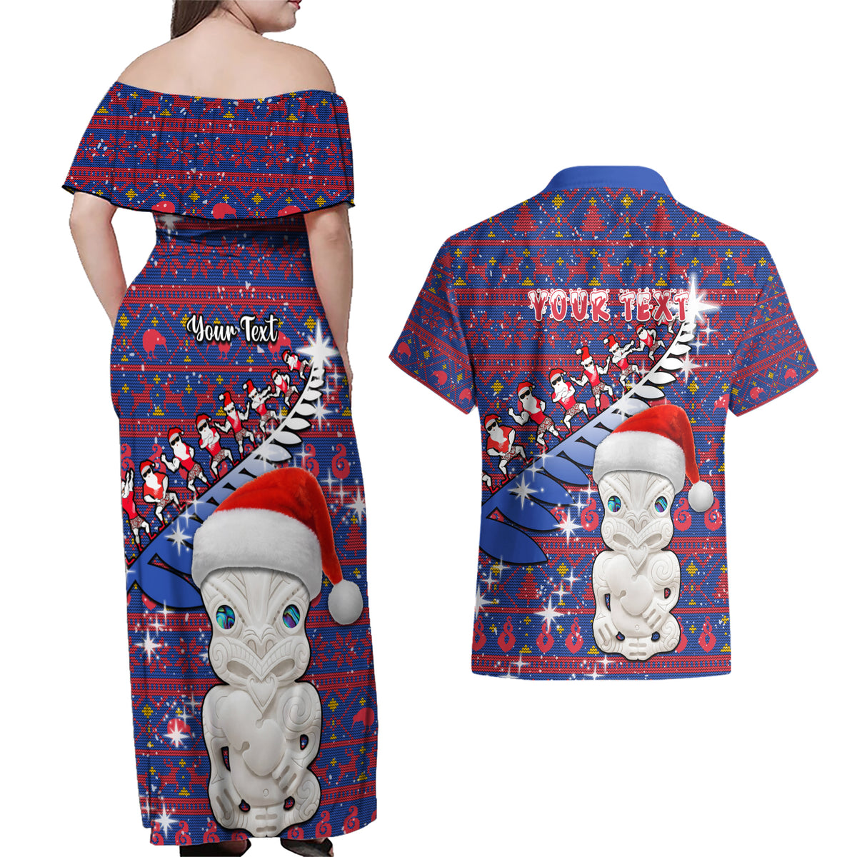Personalized New Zealand Christmas Couples Matching Off Shoulder Maxi Dress and Hawaiian Shirt Haka Fern Santa Tiki Meri Kirihimete LT05 - Polynesian Pride