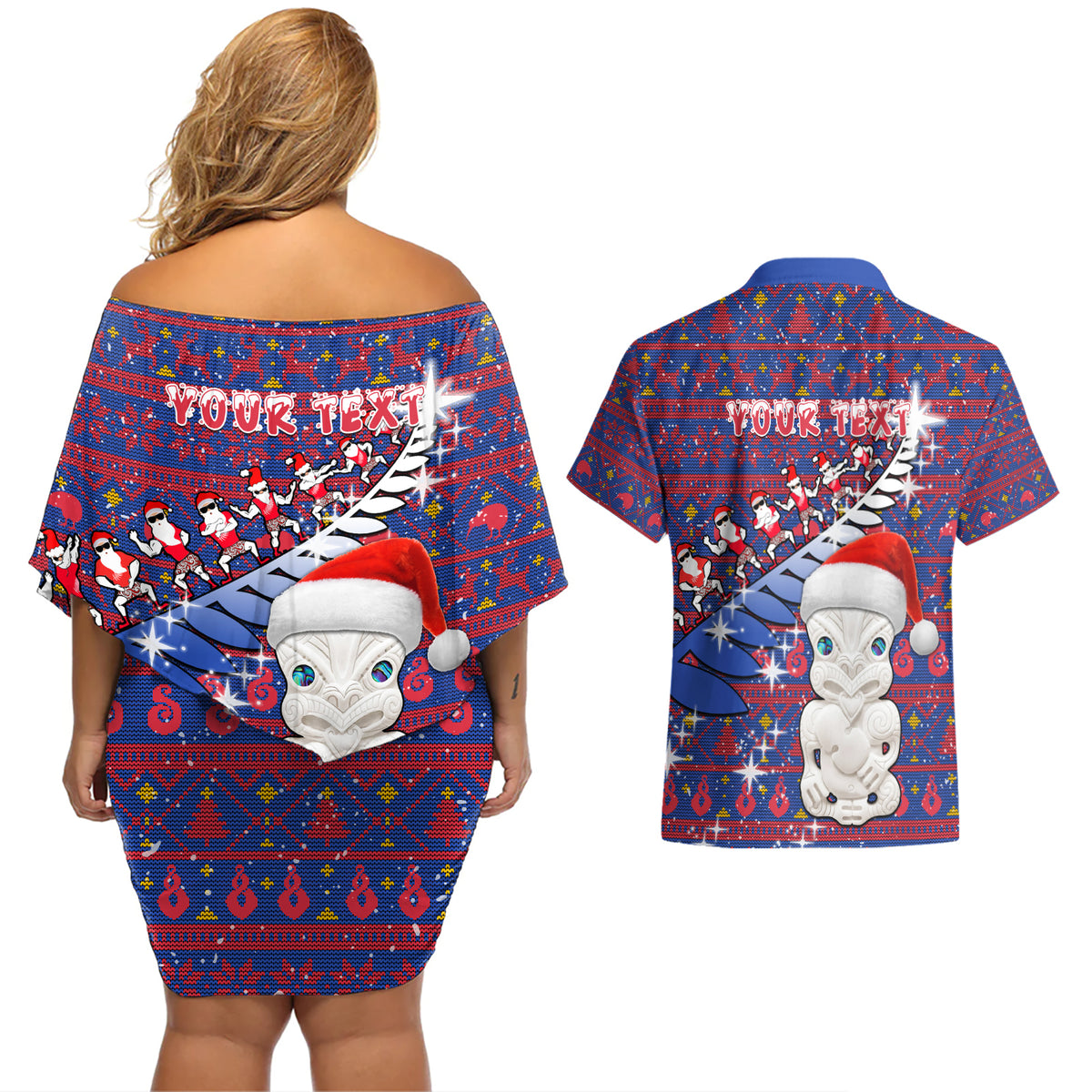 Personalized New Zealand Christmas Couples Matching Off Shoulder Short Dress and Hawaiian Shirt Haka Fern Santa Tiki Meri Kirihimete LT05 - Polynesian Pride