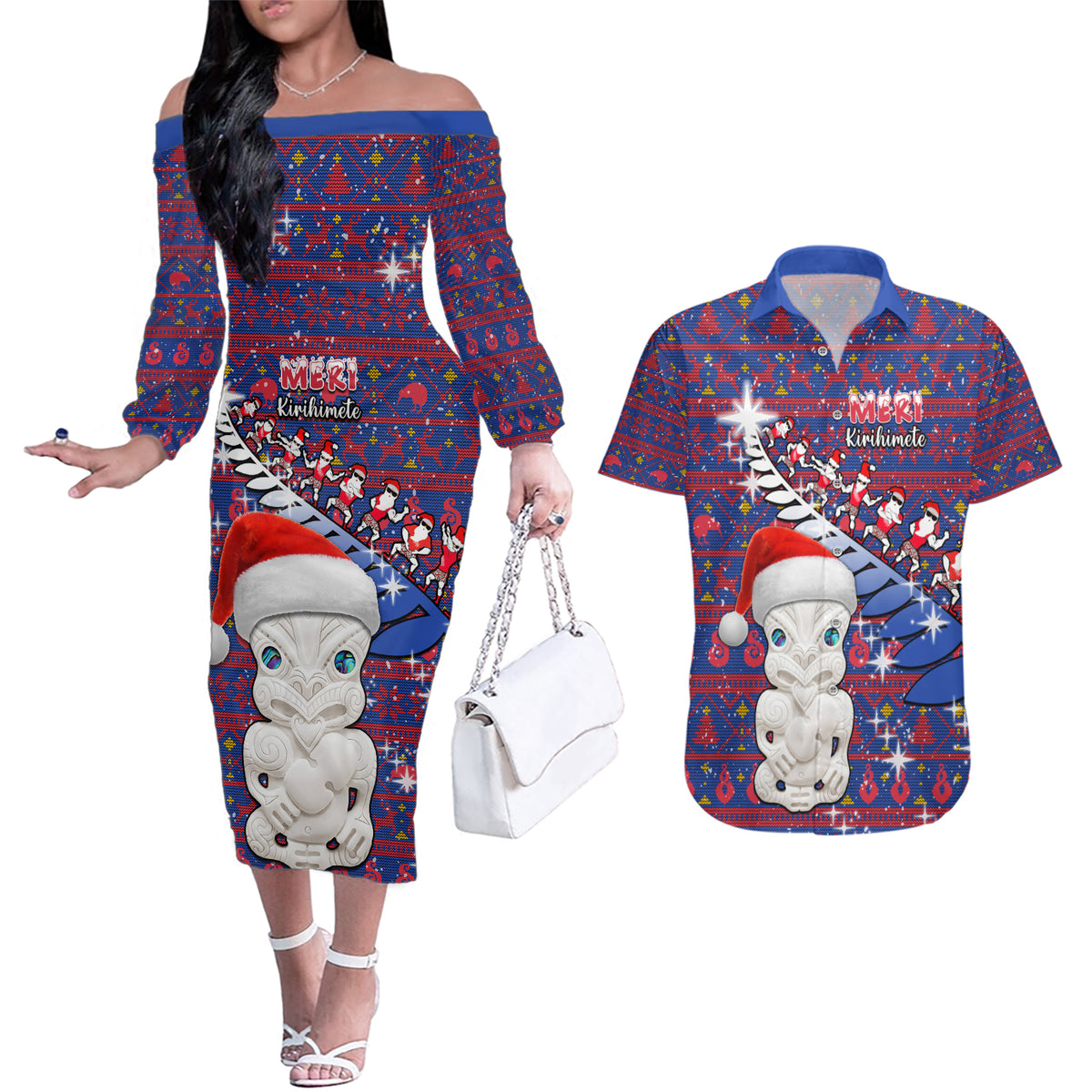 Personalized New Zealand Christmas Couples Matching Off The Shoulder Long Sleeve Dress and Hawaiian Shirt Haka Fern Santa Tiki Meri Kirihimete LT05 Blue - Polynesian Pride