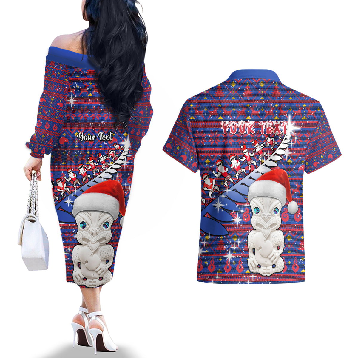 Personalized New Zealand Christmas Couples Matching Off The Shoulder Long Sleeve Dress and Hawaiian Shirt Haka Fern Santa Tiki Meri Kirihimete LT05 - Polynesian Pride