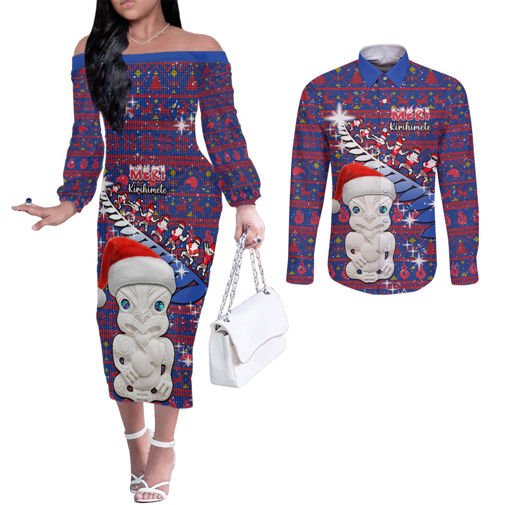 Personalized New Zealand Christmas Couples Matching Off The Shoulder Long Sleeve Dress and Long Sleeve Button Shirts Haka Fern Santa Tiki Meri Kirihimete LT05 Blue - Polynesian Pride