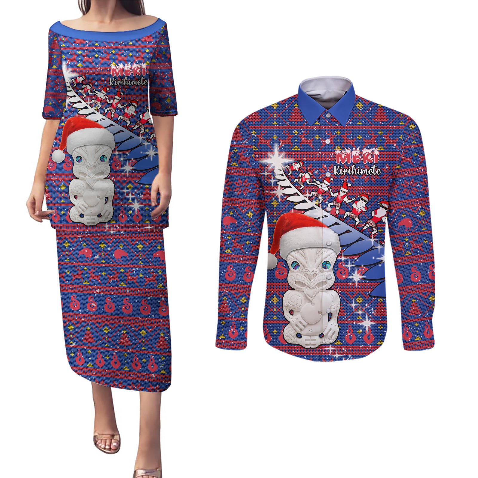 Personalized New Zealand Christmas Couples Matching Puletasi Dress and Long Sleeve Button Shirts Haka Fern Santa Tiki Meri Kirihimete LT05 Blue - Polynesian Pride