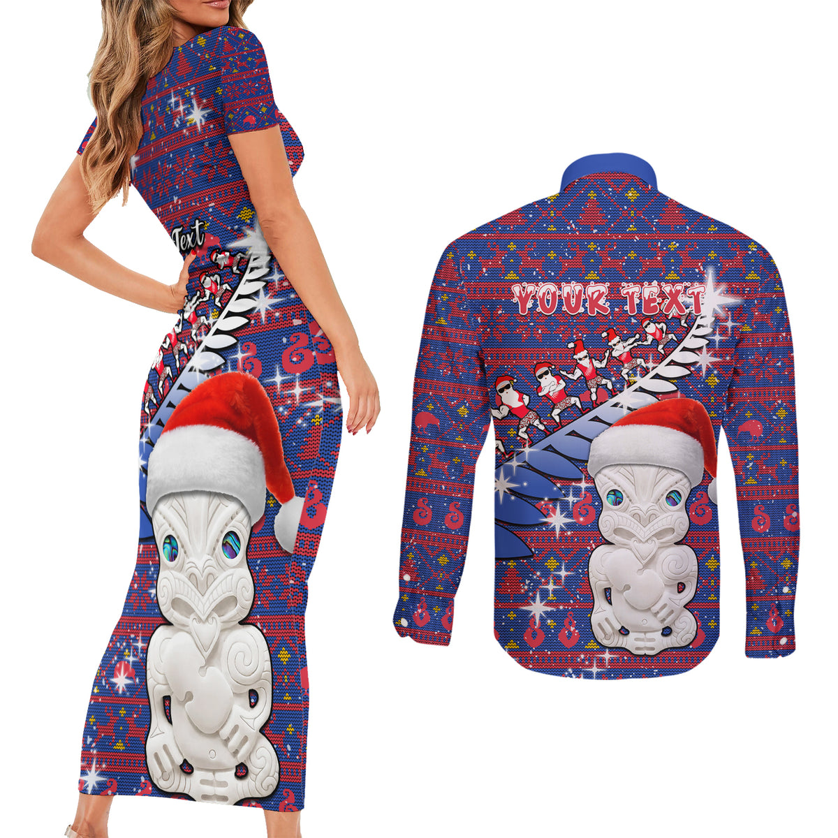 Personalized New Zealand Christmas Couples Matching Short Sleeve Bodycon Dress and Long Sleeve Button Shirts Haka Fern Santa Tiki Meri Kirihimete LT05 - Polynesian Pride
