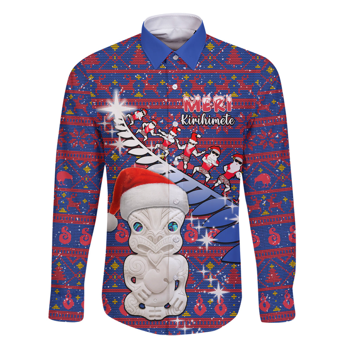 Personalized New Zealand Christmas Family Matching Long Sleeve Bodycon Dress and Hawaiian Shirt Haka Fern Santa Tiki Meri Kirihimete LT05 Dad's Shirt - Long Sleeve Blue - Polynesian Pride