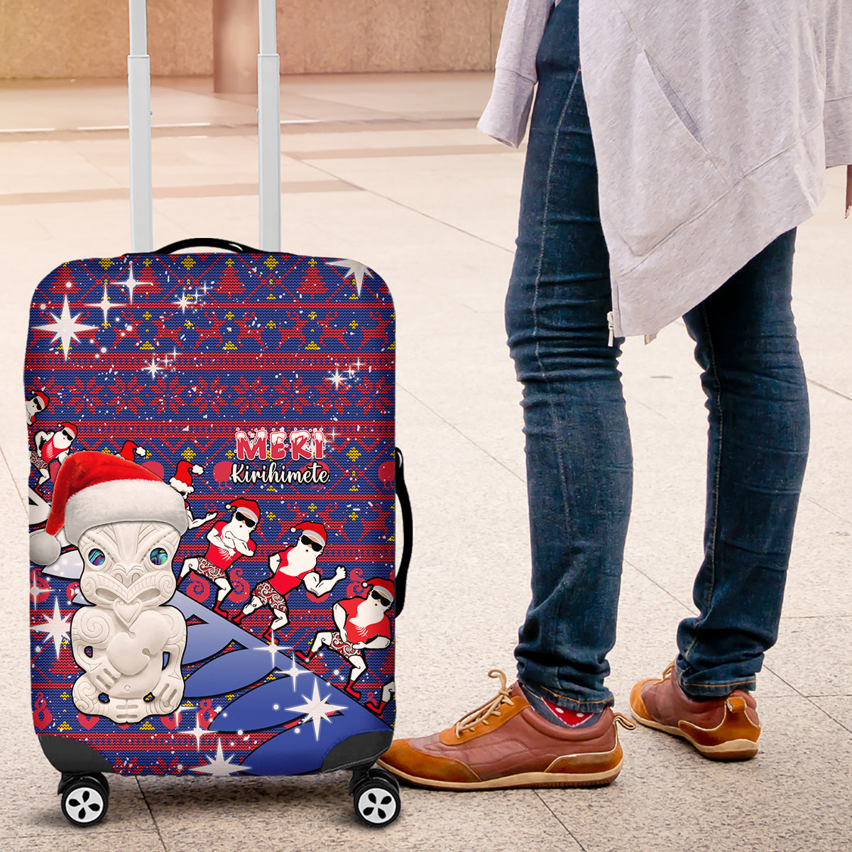 New Zealand Christmas Luggage Cover Haka Fern Santa Tiki Meri Kirihimete LT05 Blue - Polynesian Pride
