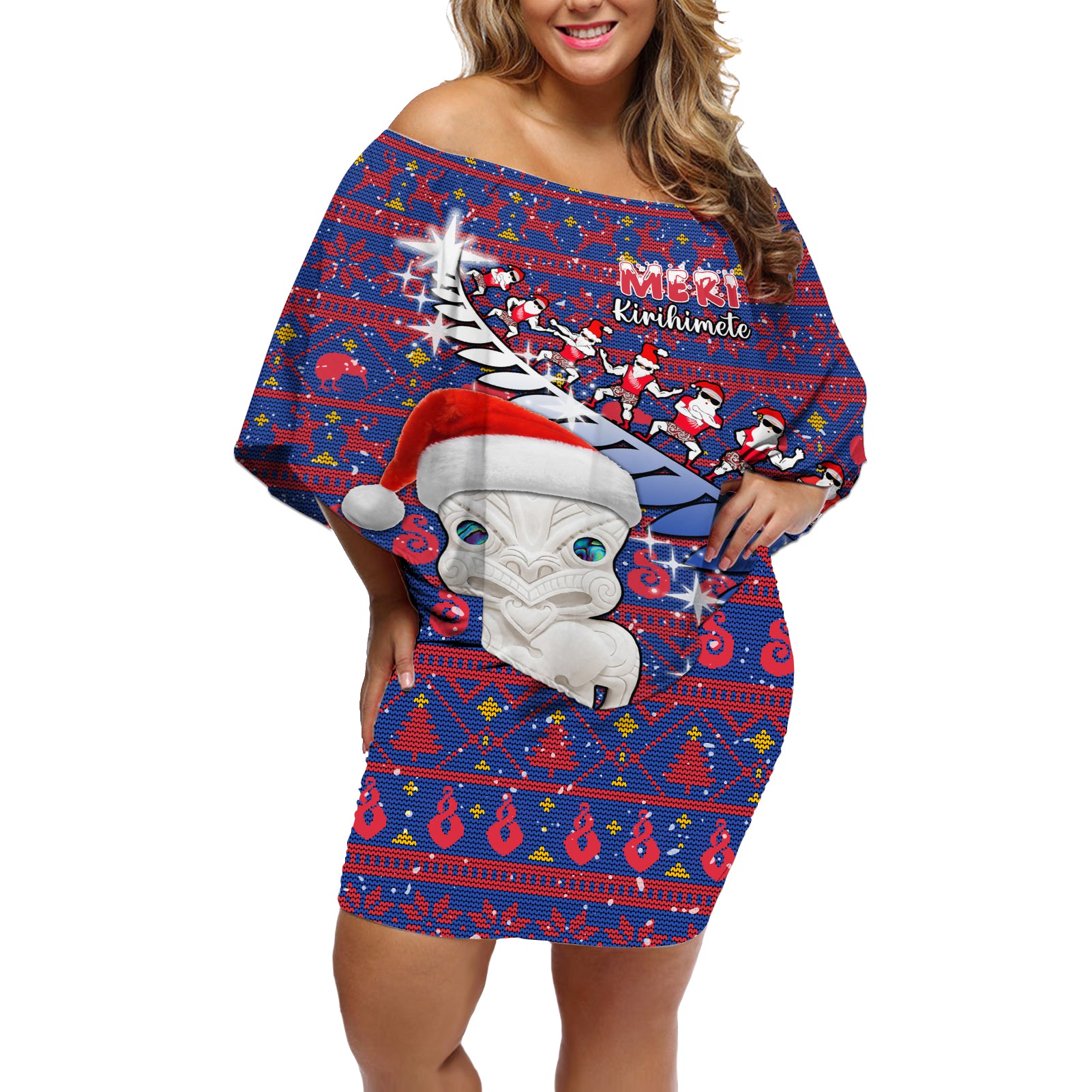 Personalized New Zealand Christmas Off Shoulder Short Dress Haka Fern Santa Tiki Meri Kirihimete LT05 Women Blue - Polynesian Pride