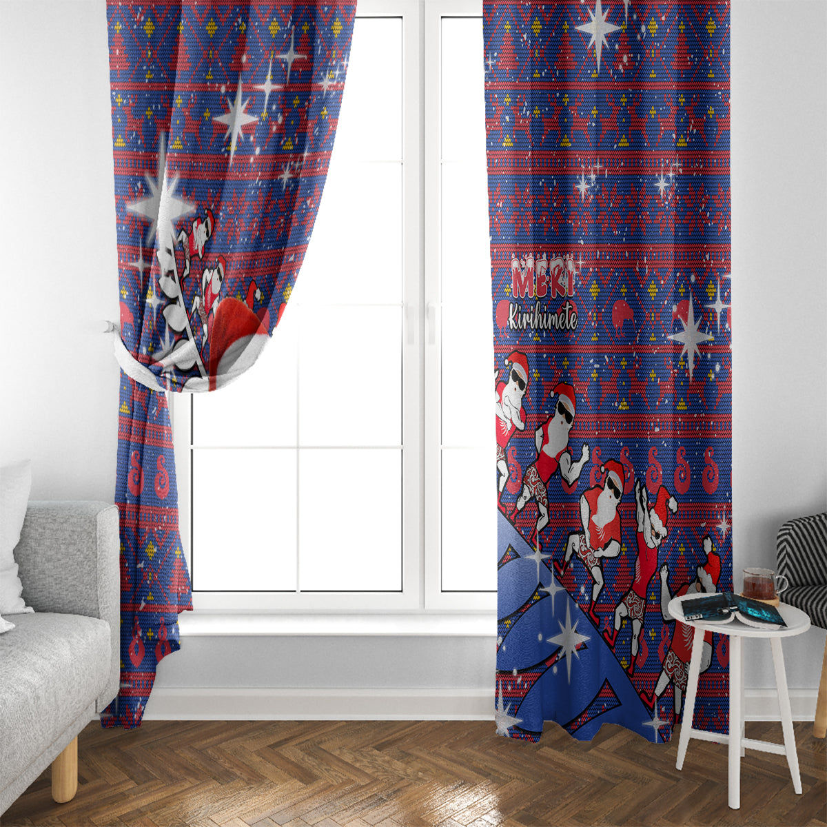 New Zealand Christmas Window Curtain Haka Fern Santa Tiki Meri Kirihimete LT05 - Polynesian Pride