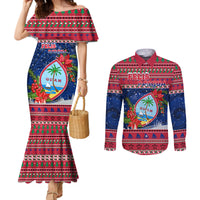 Guam Christmas Couples Matching Mermaid Dress and Long Sleeve Button Shirts Guaman Seal Poinsettia Felis Pasgua LT05 Red - Polynesian Pride